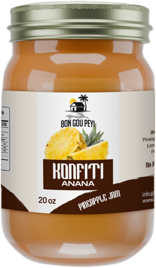 Konfiti Anana, a 20 oz jar of Haitian pineapple jam with a gold lid