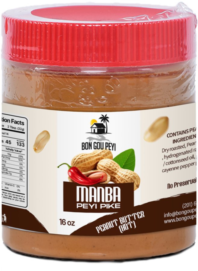 Manba Pike, a 16 oz jar of spicy Haitian peanut butter with a red lid
