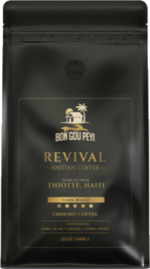Revival Haitian Coffee, 12 oz ground, in a matte black bag with gold lettering
