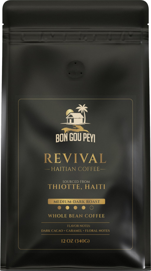 Revival Haitian Coffee, 12 oz whole bean, in a matte black bag with gold lettering